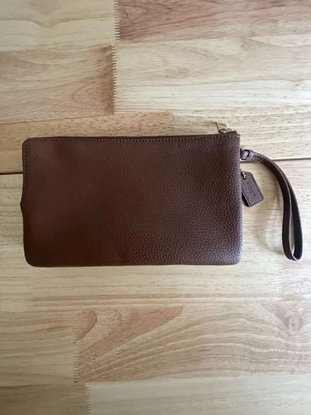 Coach Brown Pebble Leather Double Zip Wristlet Wallet F87587